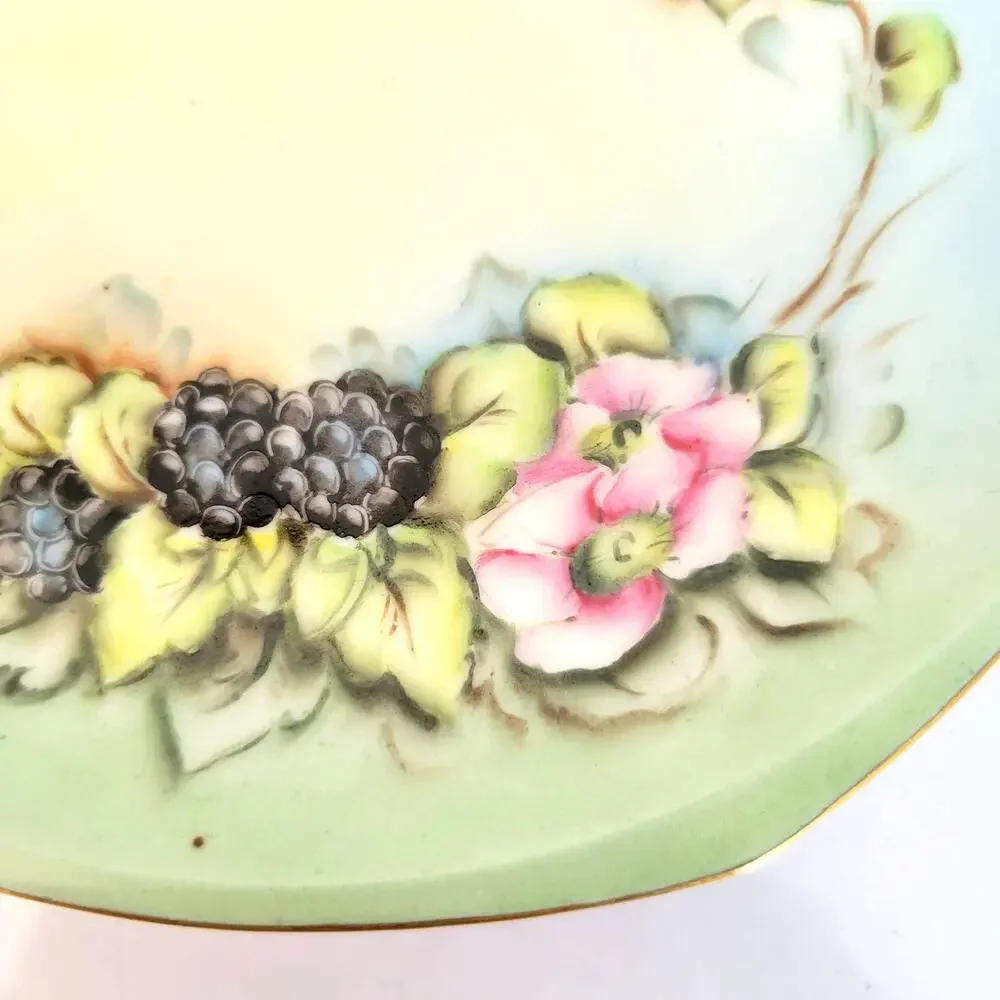 Vintage M Z Austria Painted Trinket Plate Black Berry Flowers Leaves Gold Accent